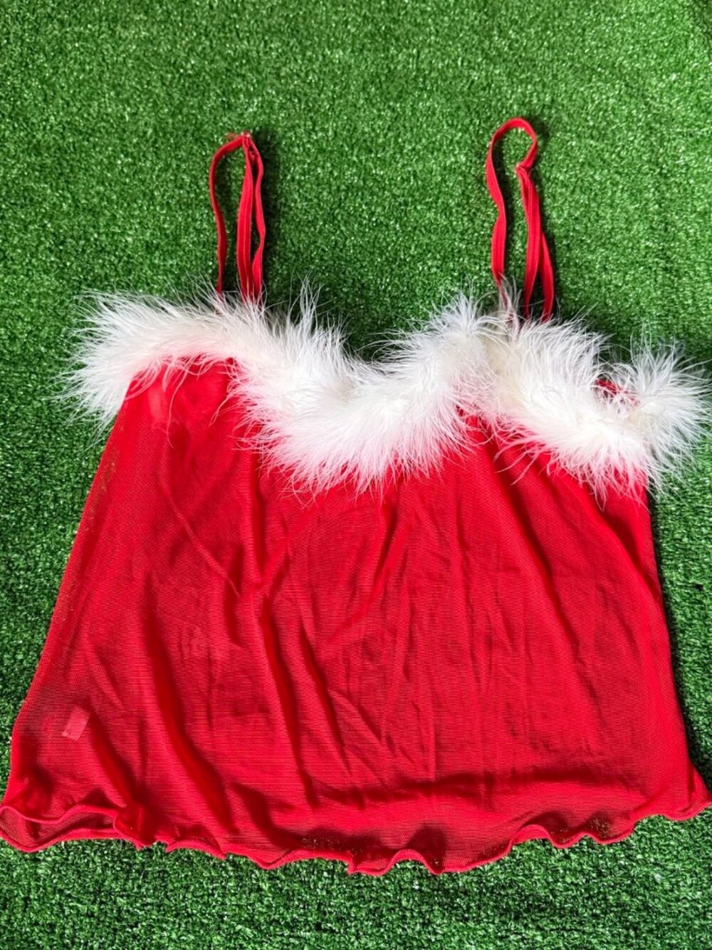 Risque Red Mesh Christmas Faux Feather Trim Camisole Lingerie Cami Top Size 0/S